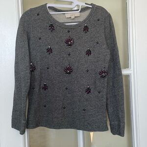 Ann Taylor loft petites grey beaded long sleeve round neck pullover sweater